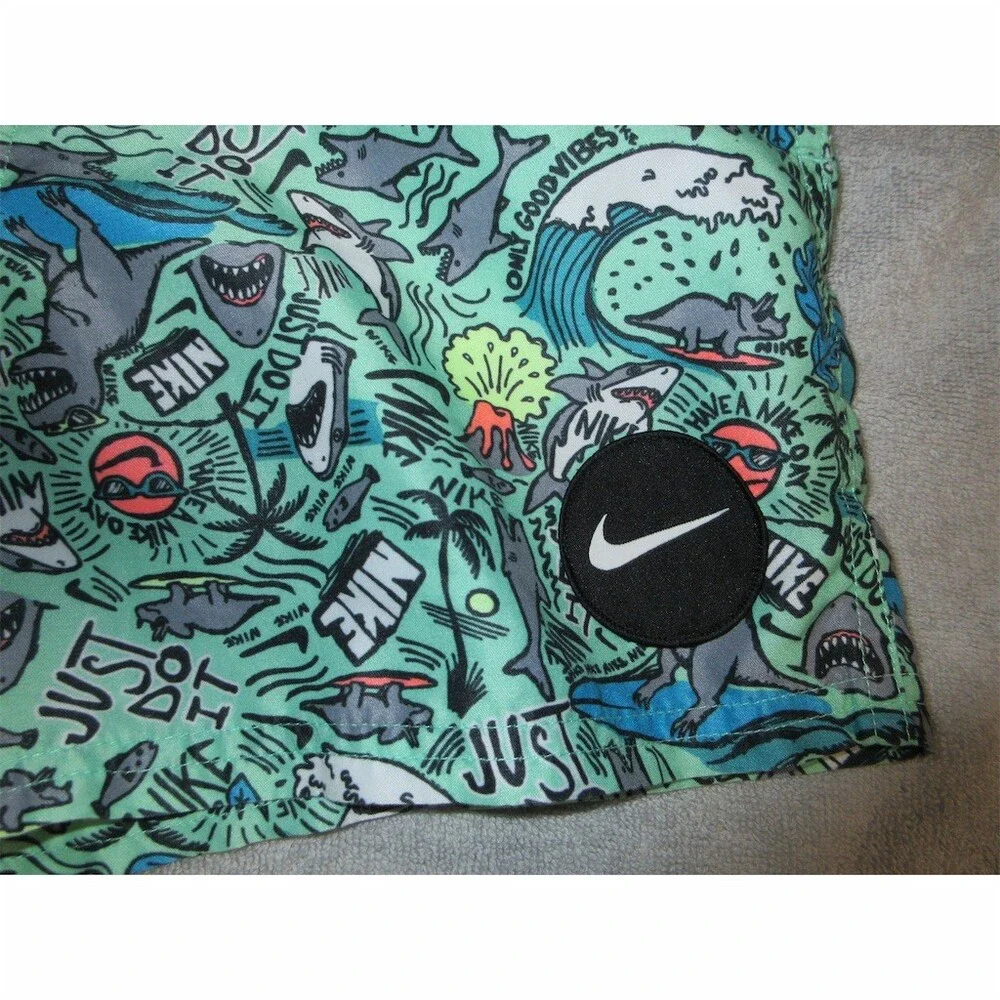 Nike Boys Swim Trunks Shorts Green Shark Party All-Over Print Youth M